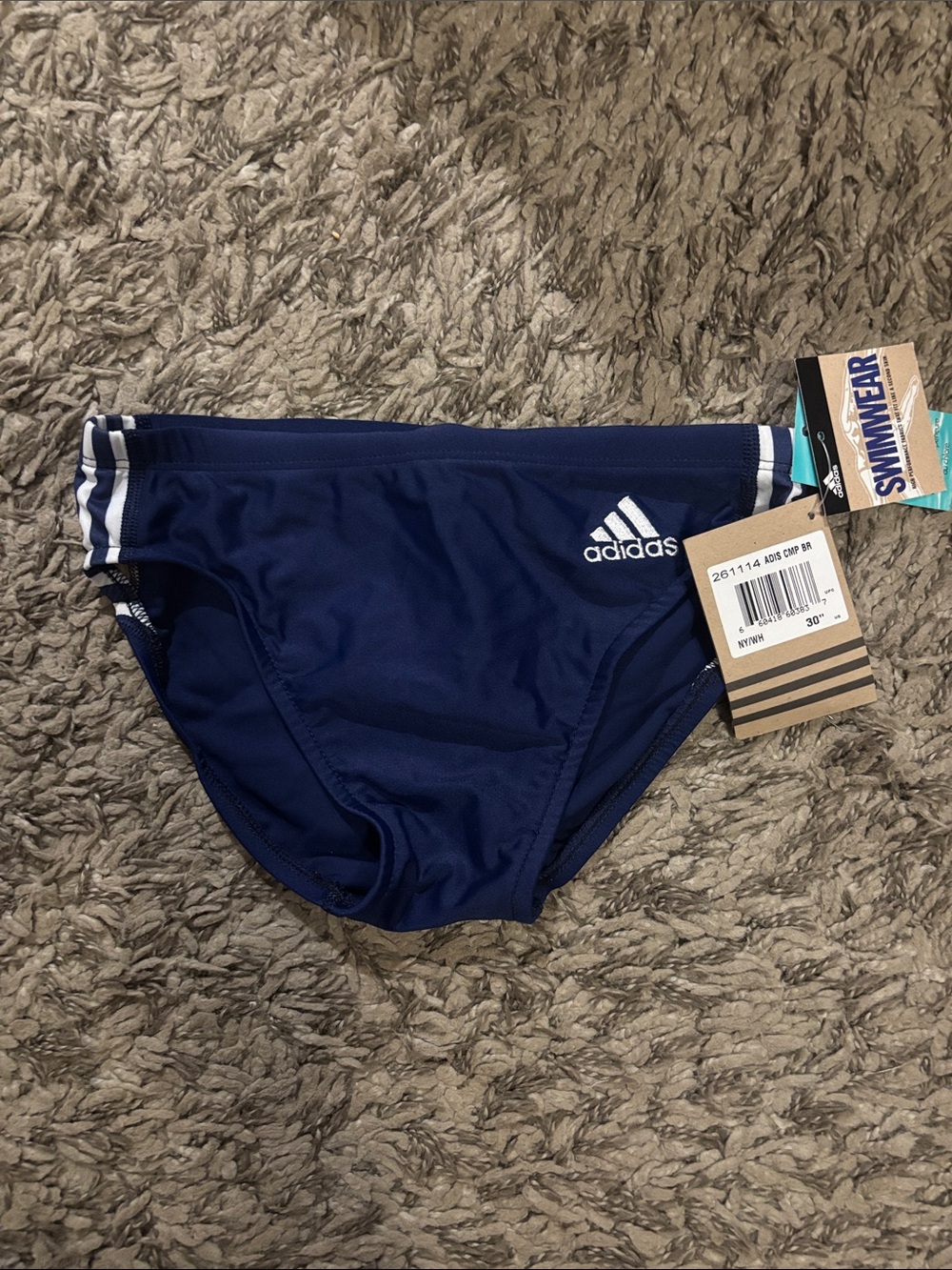 adidas Navy Swim Briefs with White Stripes